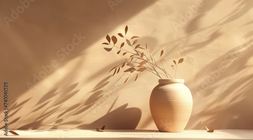 a vase on a table with leaves in the sun,  of dark beige background