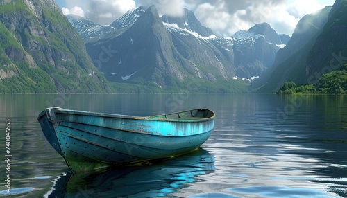 a small blue boat is floating in the middle of the water with mountains behind it