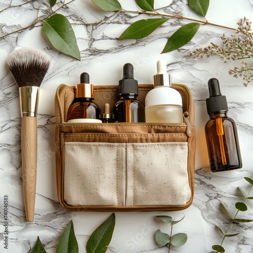 A makeup bag containing natural cosmetic products placed on a marble desk. Th...