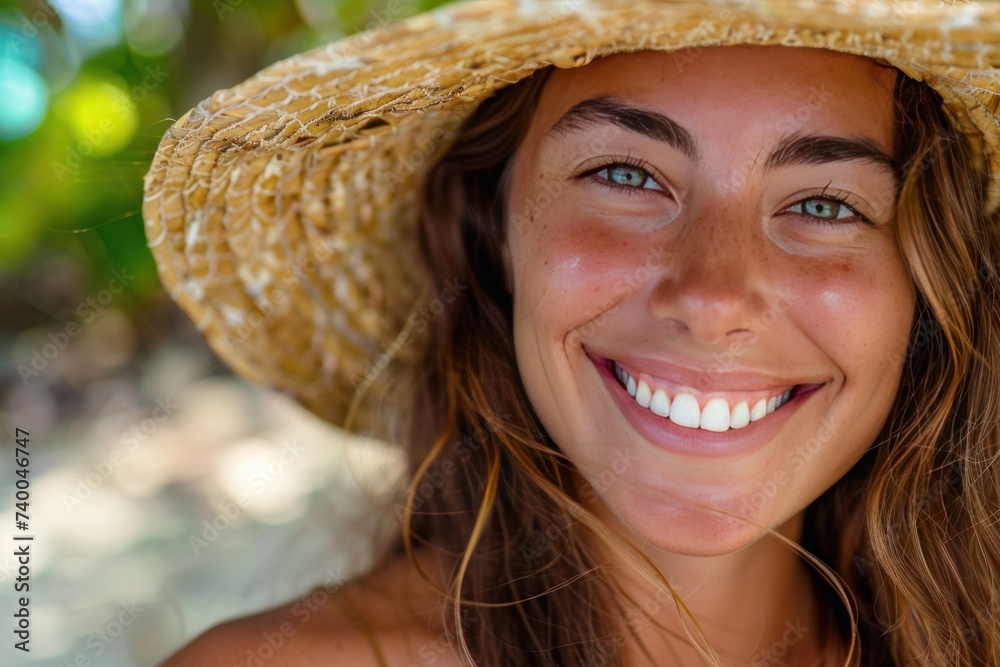 Sun-kissed woman with a straw hat, smiling on a tropical background
