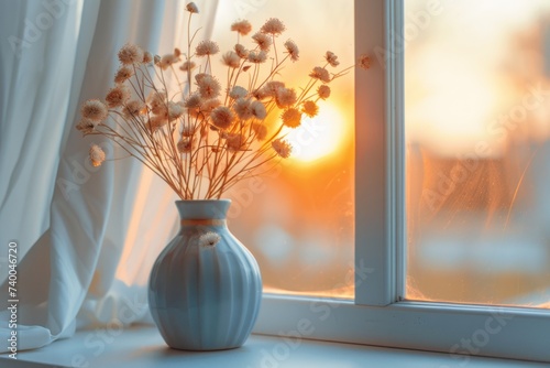 A vase filled with fluffy dried flowers sits on a window sill