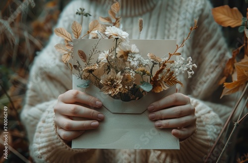 a person opening envelope with flowers and leaves inside
