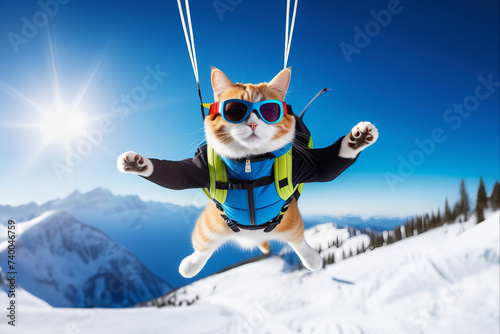 funny cat skydiver in the sky over beautiful snowy mountains background. Bright sunny day. Cat animal flies with parachute. Travel and vacation concept
