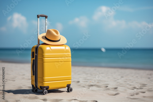 A yellow suitcase and a summer hat on the beach, ready for a summer travel adventure.