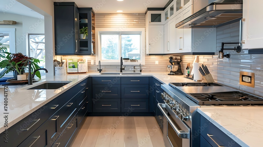 A contemporary kitchen with two toned featuring light gray