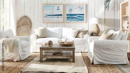 A coastal chic living room with white slipcovered sofas, sisal rugs, and beach themed decor