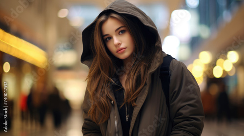 Beautiful girl in a jacket in a shopping center on a blurred background