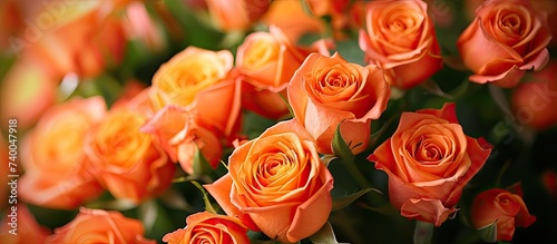 A stunning display of beautiful orange roses  engaging the senses with their vibrant colors and fragrant aroma.