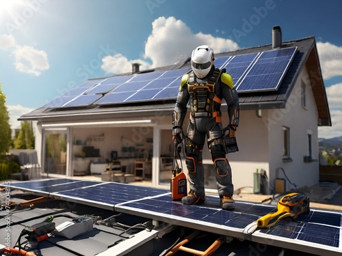 Sustainable energy sources. Futuristic depiction of a cyborg, a man with robotic body parts who installs a solar panel on the roof of a house to generate electricity. Cyborg holds a tool in his hands 