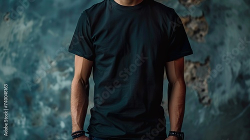 Maqueta de camiseta de hombre color negra. Vista frontal. Generado por IA.