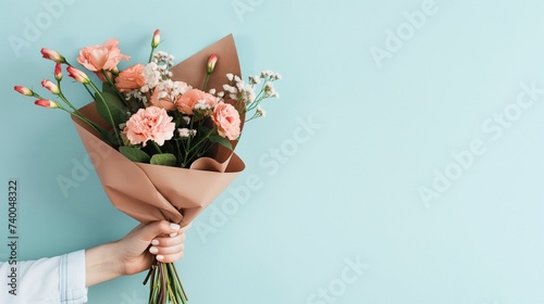 A hand holding a bouquet of flowers wrapped in paper on a blue background with an empty copy space