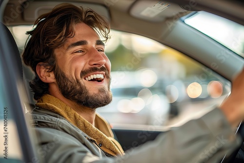 A bearded man joyfully gazes at his reflection in the car mirror while driving, his smile reflecting the freedom and contentment of being behind the wheel
