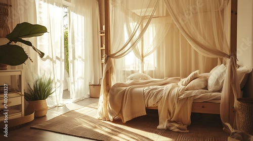 A bedroom with a Scandinavian style canopy bed, draped with sheer curtains for an ethereal touch