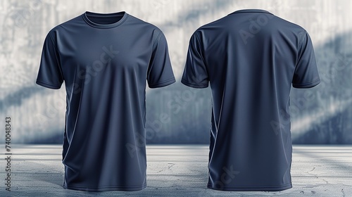Maqueta de camiseta de hombre color azul marino. Vistas frontal y posterior. Generado por IA.