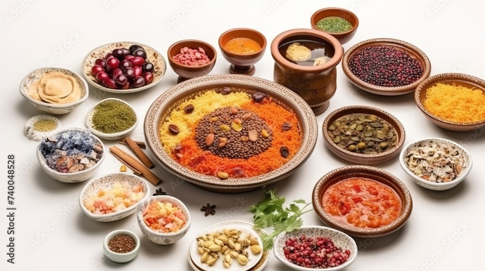 a set of different seasonings and spices on a white background