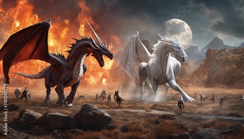 Epic Confrontation Between Mythical Beings: Dragons Breathing Fire Against Unicorns in a Mystical Landscape