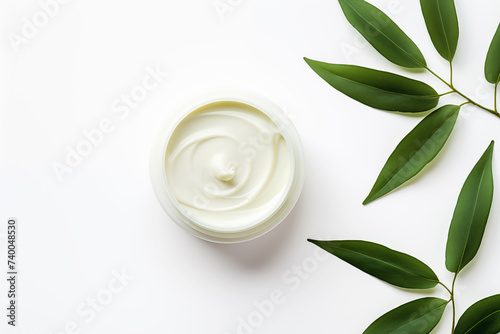 Top view of cream jar or skincare, lotion for face on white background, cosmetics packaging.