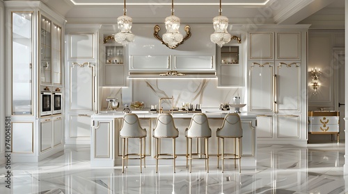 a luxury kitchen with high gloss white cabinets and gold accents, creating a glamorous and opulent ambiance photo