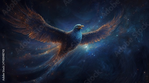 a bird with outstretched wings that flies against the background of the starry sky
