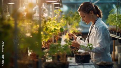 A young female botanist studies the composition of plants, seedlings in a greenhouse laboratory. Scientific experiment, Microbiology, Biology, Agronomy, Chemistry concepts.