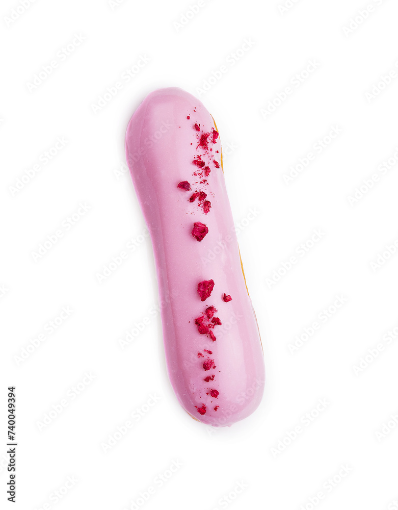 Eclair dessert with pink icing on white background Eclair dessert with pink icing on white background