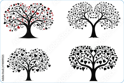 Silhouettes of stylized love tree made of hearts, Abstract tree made with hearts with bench