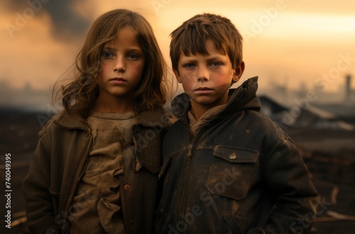 Two young children bundled up in warm winter coats stand side by side, their faces full of wonder as they gaze up at the cloudy sky above them