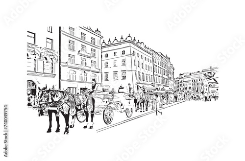 Landmark building view of Krakow in 2024. Hand drawn sketch illustration in vector.