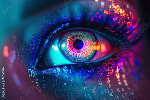 Beautiful close-up eye with a magic neon cyber chip on the skin aroound.