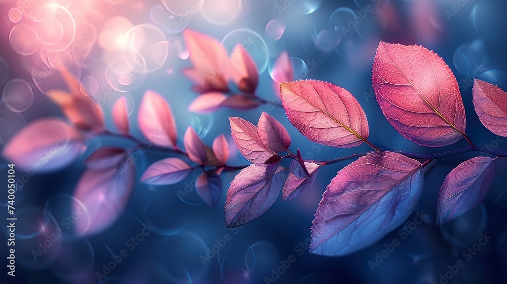 Beautiful pink autumn leaves on a blue background with bokeh Beautiful pink autumn leaves on a blue background with bokeh
