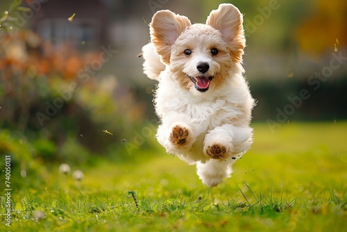 A playful puppy of a loyal companion dog breed races joyfully through a vibrant field of grass, relishing the freedom and adventure of the great outdoors photo