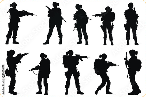 Black silhouettes of Female special forces, Silhouette of female soldier, Female special forces silhouette icon collection