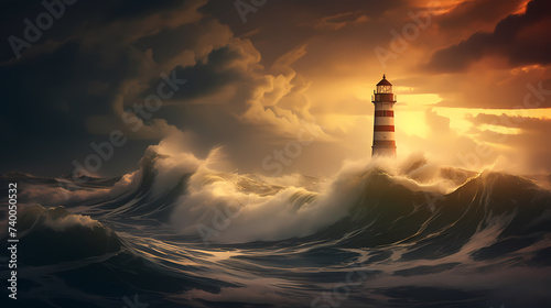 On a stormy night, a lighthouse guides the crashing waves under an ominous sky