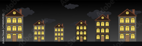 Cute houses in the night. Minimalism of urban buildings. The structure of the city residential appearance.