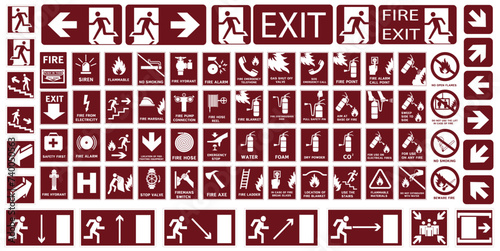 Fire evacuation signs. Signs of action during a fire accident. Fire signs.