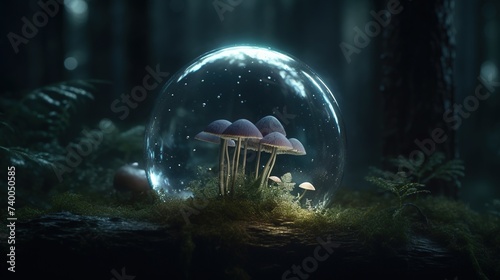 glass orb containg a magical glowing neon magical mushroom in a dark  photo