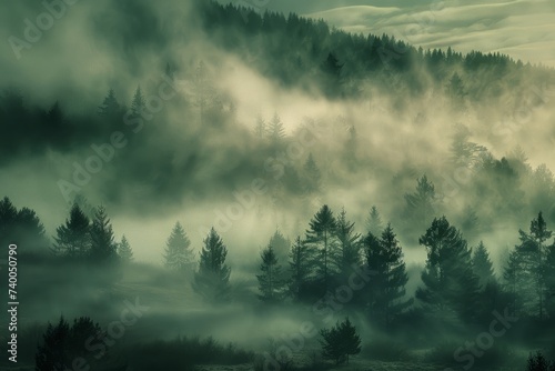 Foggy forest landscape  green toned.