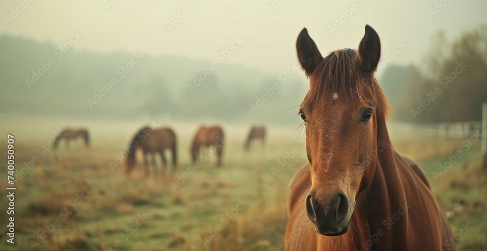Obraz premium One brown horse portrait with blurred horses feeding on field on the background.