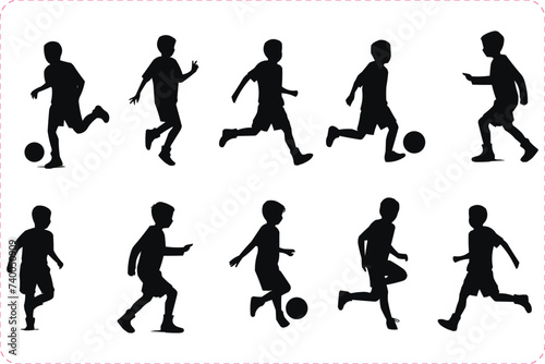 Black silhouettes of Kids Playing Soccer, Set of Kids playing soccer vector, Soccer players