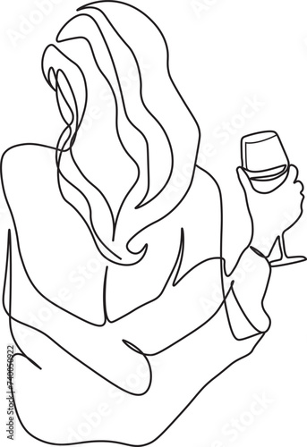 Romantic woman with a glass of wine. Girl Drinks Champagne. Abstract Linear Silhouette on White. Woman with Glass. Modern Line Drawing for Glamour Logo Minimal Style, 