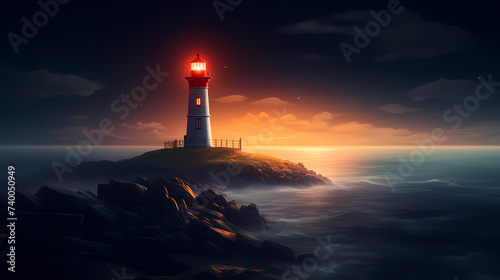 On a stormy night, a lighthouse guides the crashing waves under an ominous sky © xuan