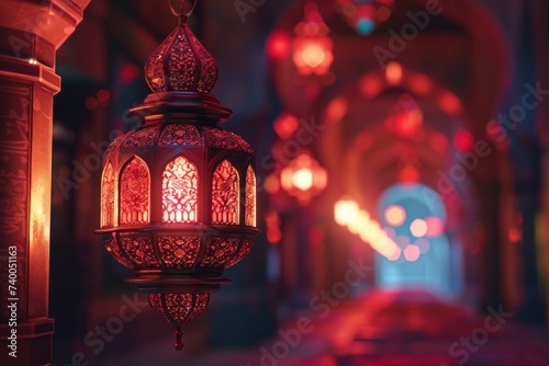 an islamic lamp is lit up night in karachi photo