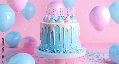 birthday cake with colored balloons on a table