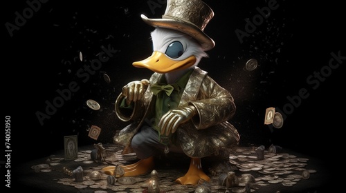 a figurine of a rich goose on money on a black background