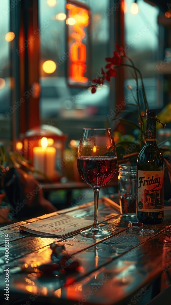 a glass of red wine in a modern kitchen table. A small paper is also on the table and has the word a glass of red wine in a modern kitchen table. A small paper is also on the table and has the word