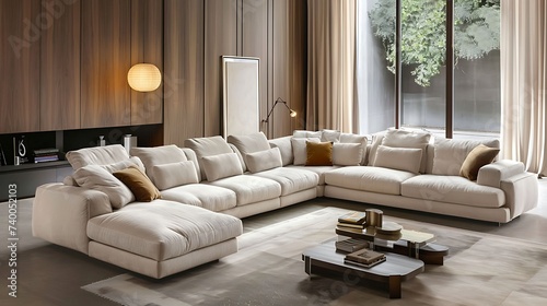 A modern guest room with a modular sofa in light beige, complementing the neutral color palette of the decor