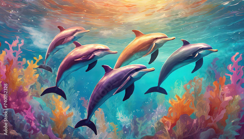 group of dolphins in colorful underwater, AI generative.group of dolphins in colorful underwater, AI generative © luis