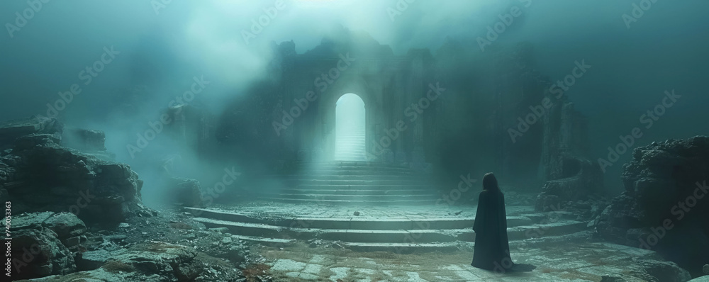 A lone figure discovers a secret door in an ancient ruin the stairs beyond shimmering with a mystical alien light