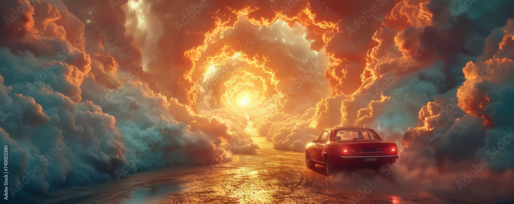 A lone car accelerates into a swirling vortex of clouds within a time tunnel bridging worlds in a cinematic spectacle - obrazy, fototapety, plakaty 