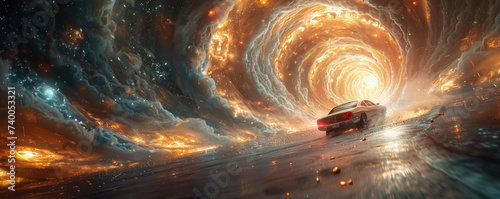 A high-speed car chase ends as the vehicle leaps into a time tunnel swirling clouds and cosmic energy encircling photo